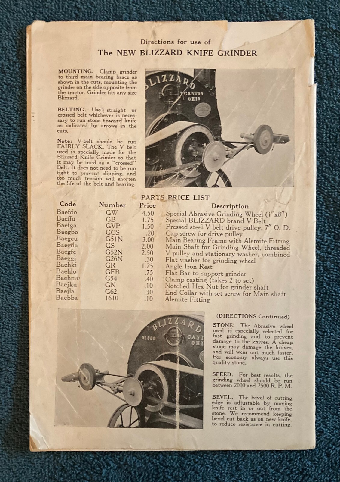 MR1414:Blizzard Manufacturing Hay Choppers Parts Price List & Instruction Book