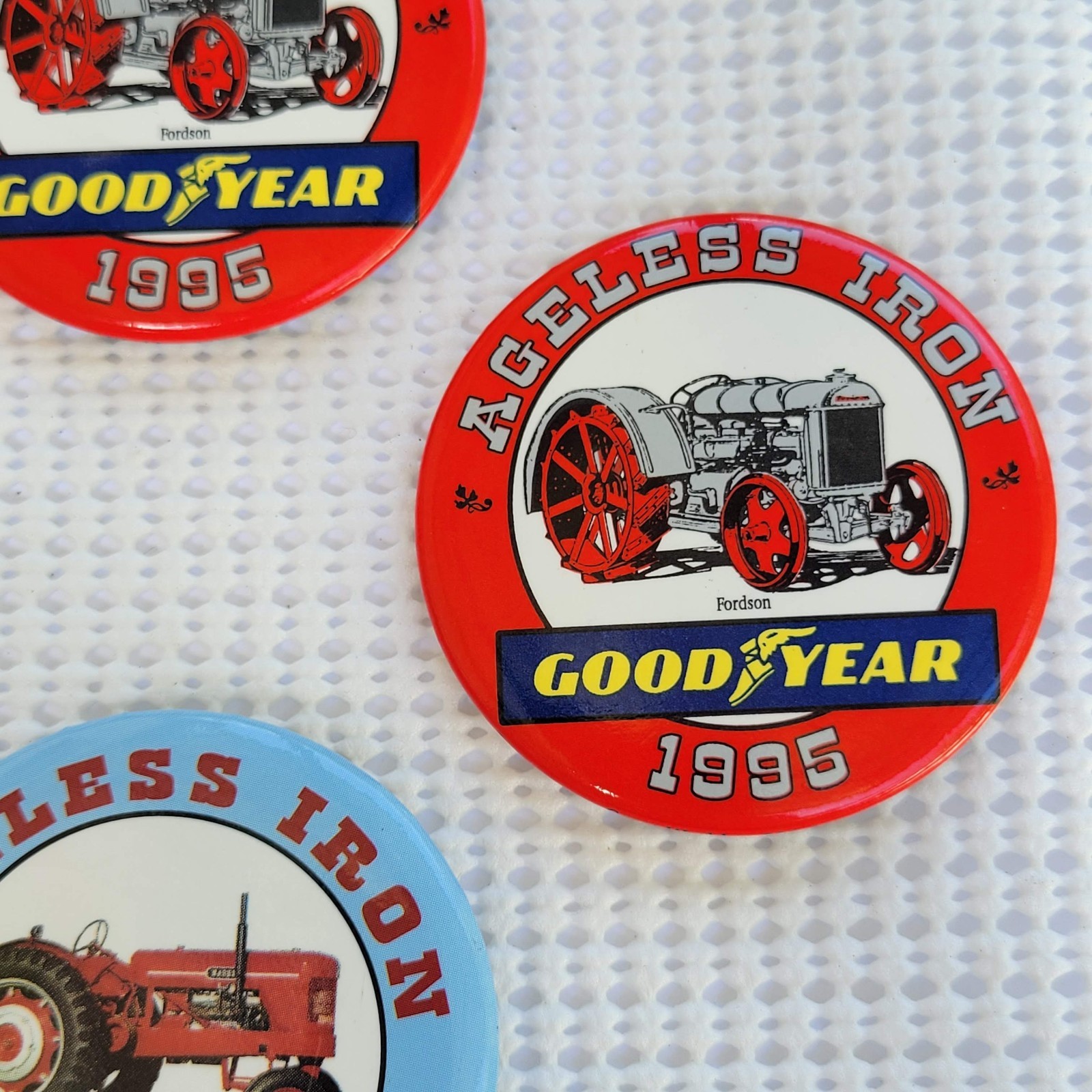Ageless Iron Good Year Tractor 1995 Round Metal Advertising Buttons lot of 5