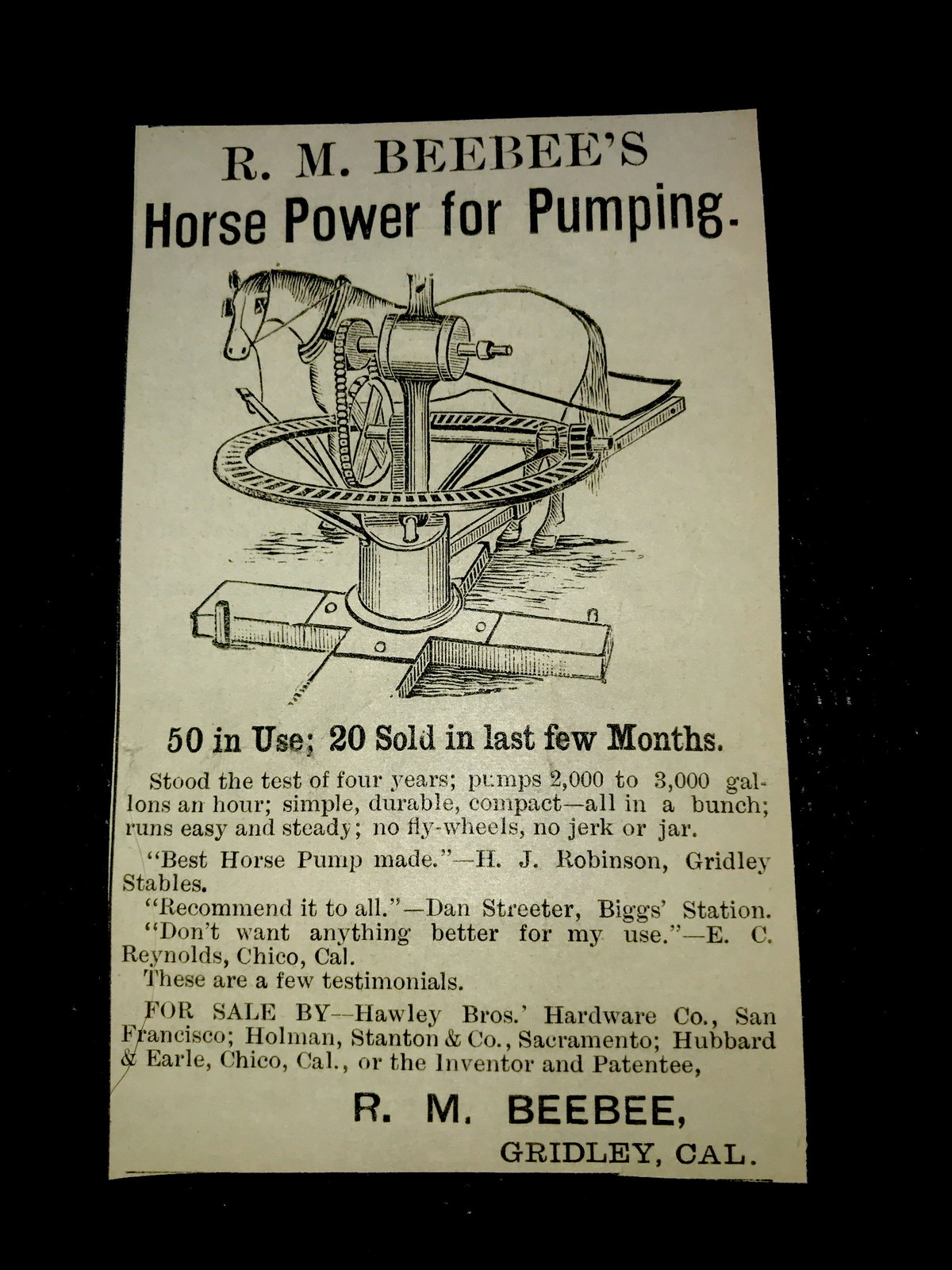 1883 Beebee’s Horse Power Pumping Farm Advertising – Gridley – California