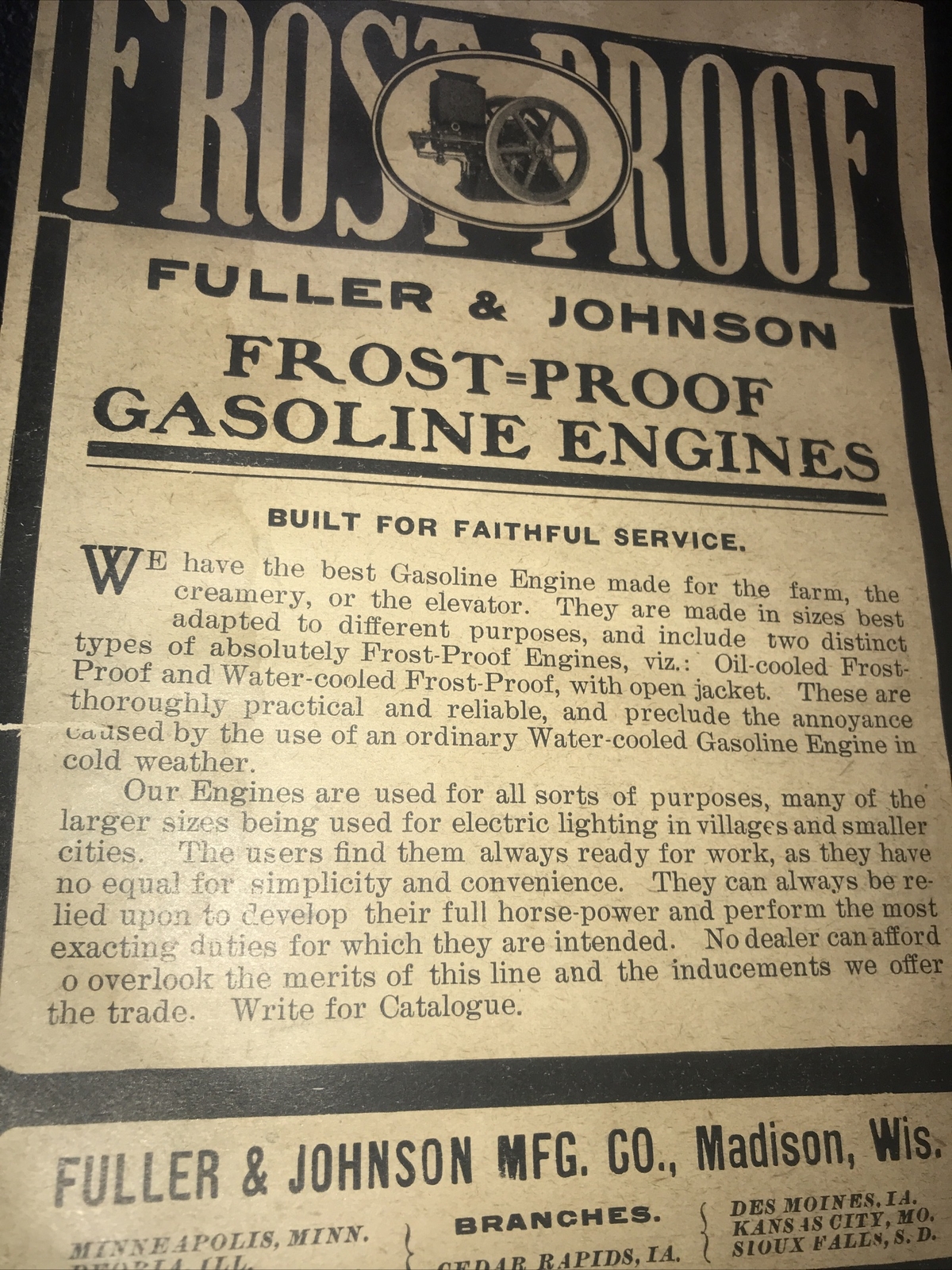 1908 Fuller & Johnson Gasoline Engines Farm Advertising – Madison – Wisconsin