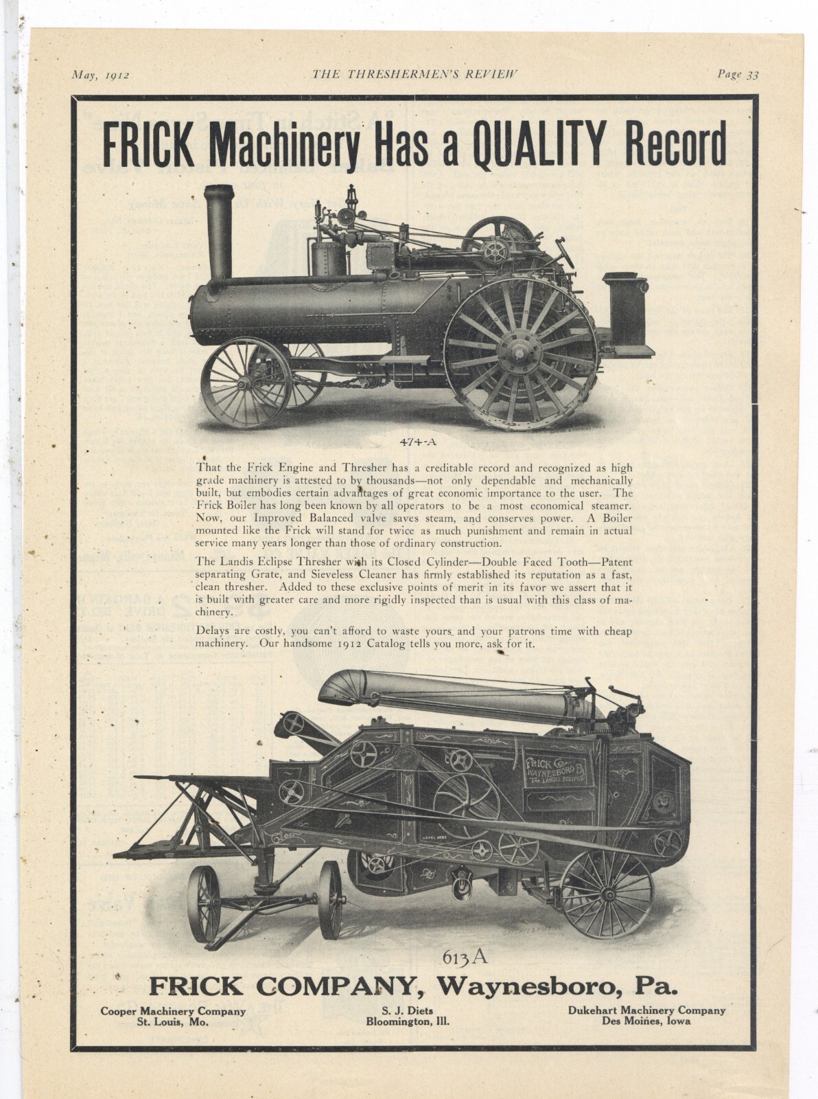 1912 Frick Co. Ad: Frick Engine & Thresher, Landis Eclipse – Waynesboro, PA