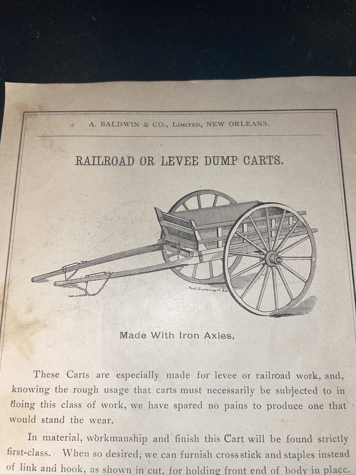 1891 Baldwin – Railroad/ Levee Dump Cart – Farm Advertising – New Orleans