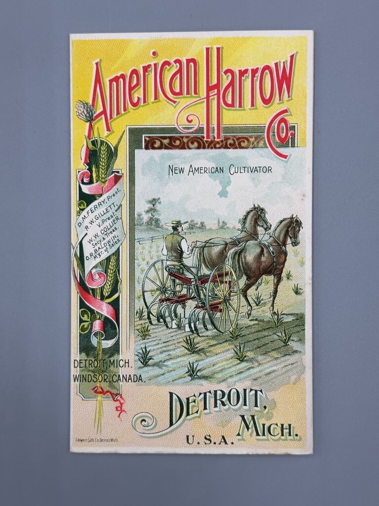 1880s AMERICAN HARROW Victorian FARM Advertising Folding Trade Card DETROIT