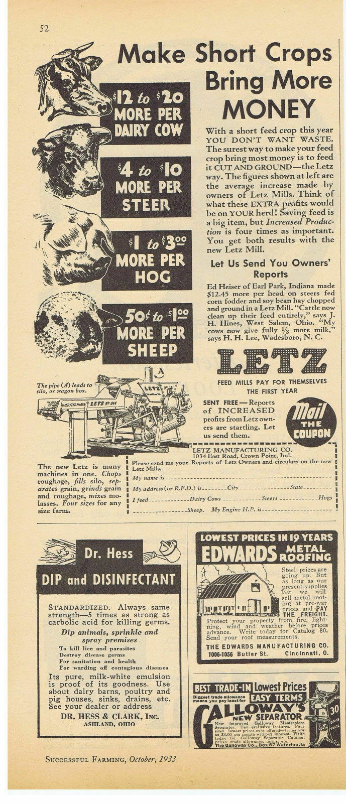 1933 LETZ No. 344 Mixed Feed Maker Crown Point, Indiana Print Ad