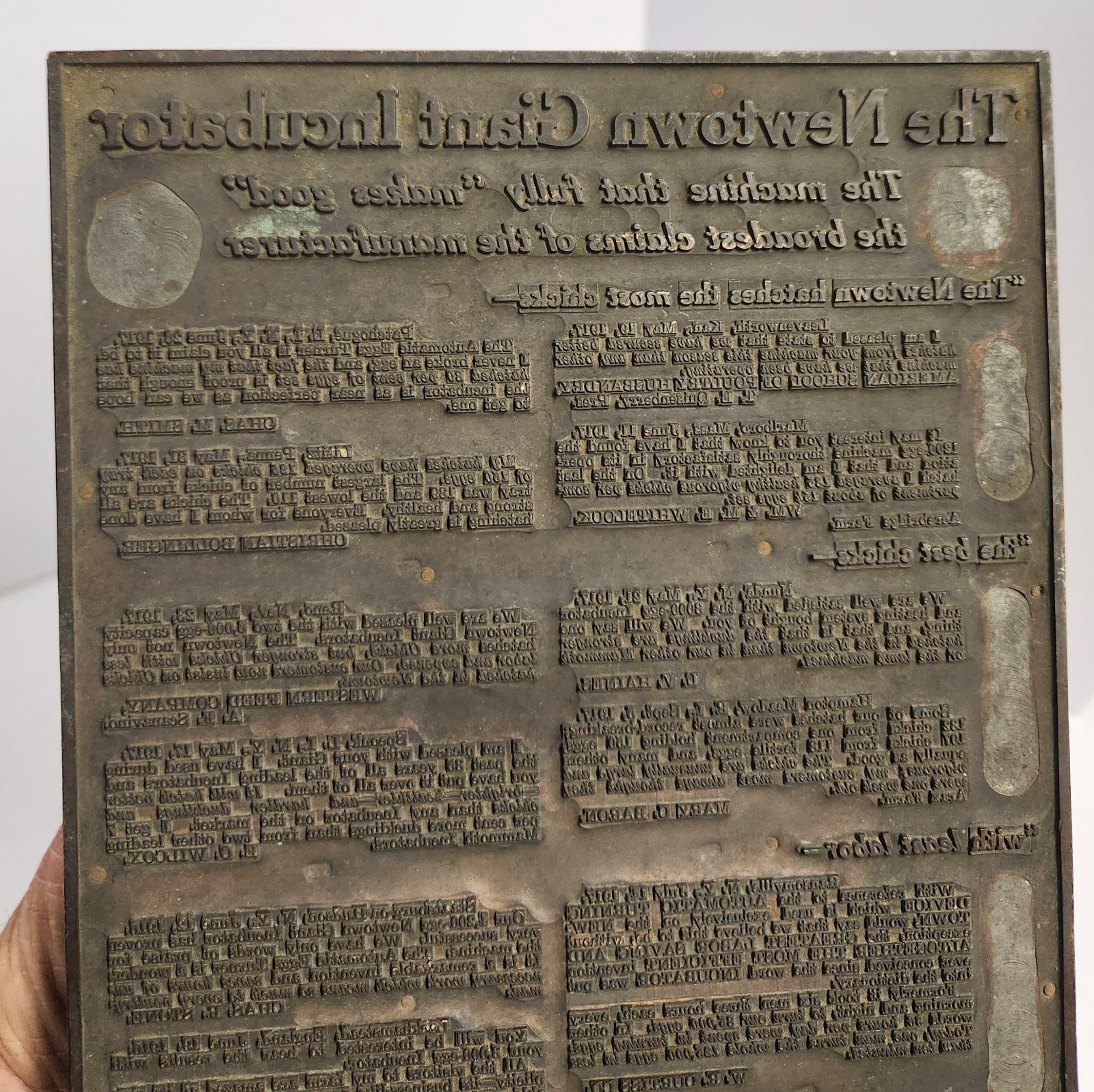 1910&rsquo;s-20&rsquo;s THE NEWTOWN GIANT INCUBATOR Printing Plate For Full Page Ad. 7&Prime;x10&Prime;