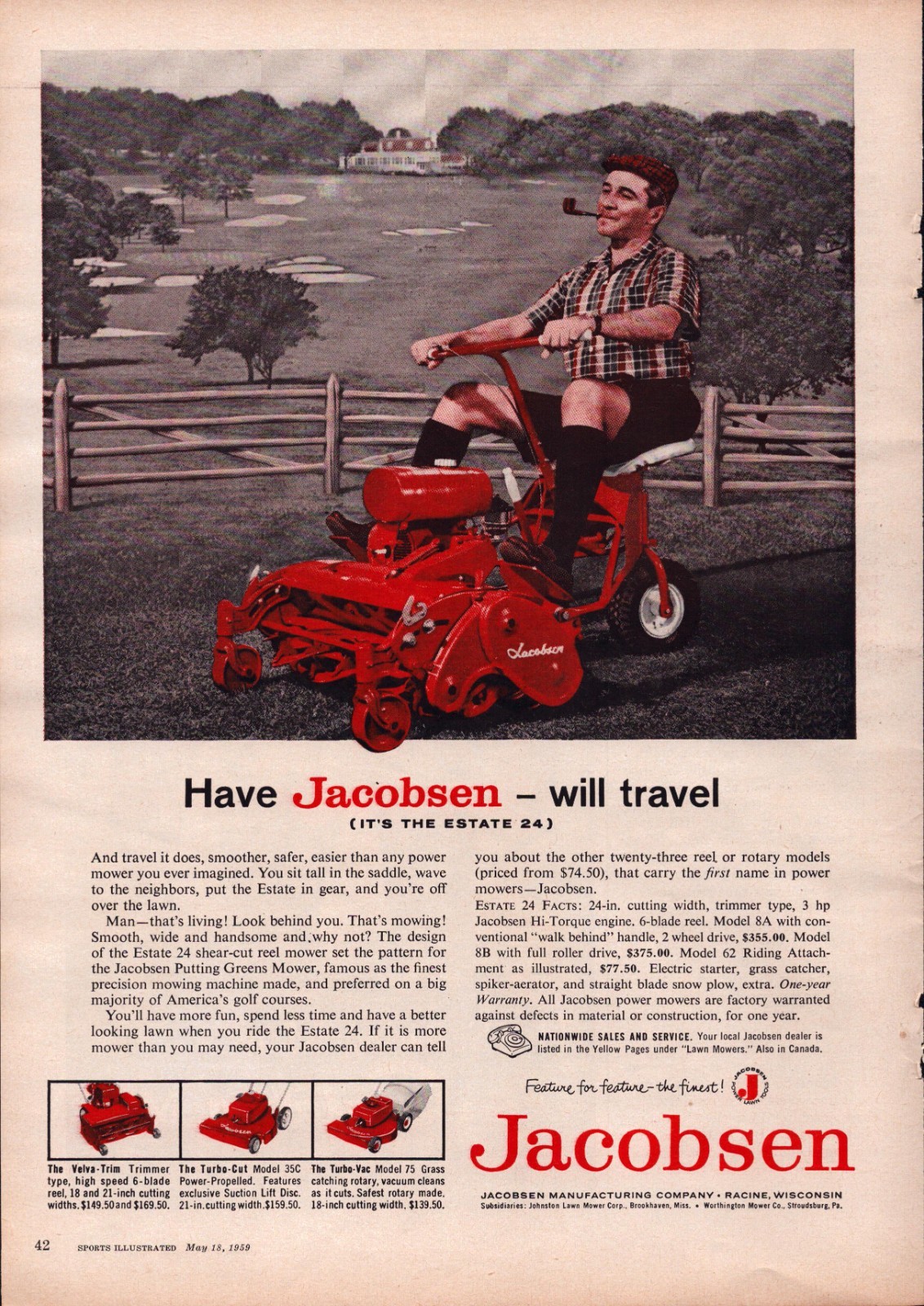 1959 Vintage Print AD – Jacobsen Mowers – Model Estate 24 in 6 Blade – Wall Art