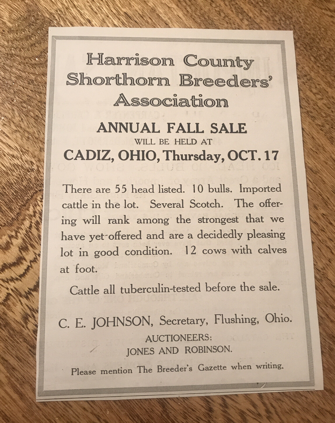 1918 Cattle Livestock Public Sale – Cadiz – Ohio – Cow Advertising