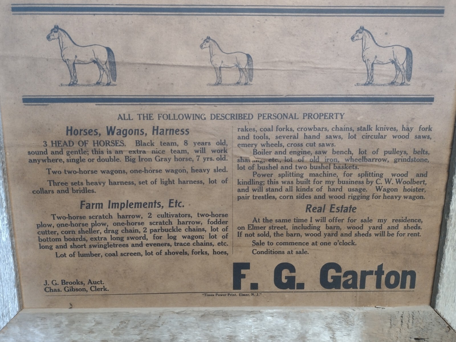 1914 Elmer, NJ Public Sale Personal Property Advertising Broadside Poster Garton