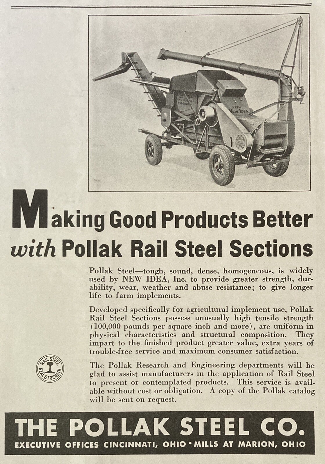 1936 AD.(XF20)~POLLAK STEEL CO. MARION, OHIO. POLLAK RAIL STEEL SECTIONS