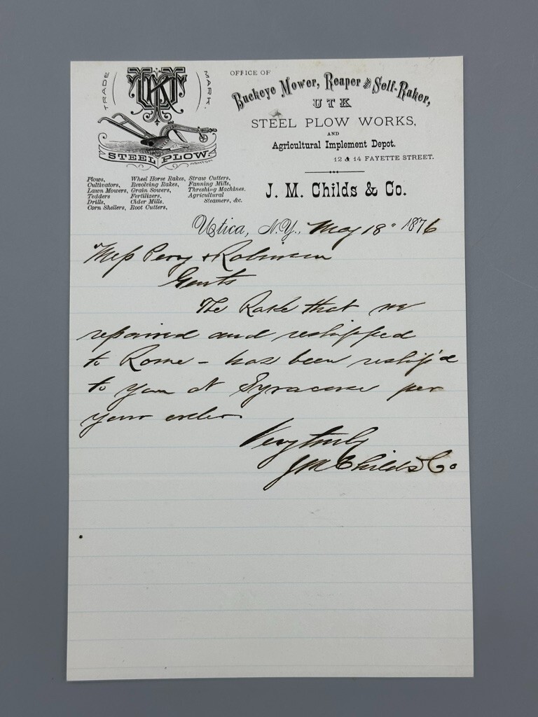 1876 Childs BUCKEYE MOWER Steel PLOW Farm Advertise UTICA NY Letter Antique UTK