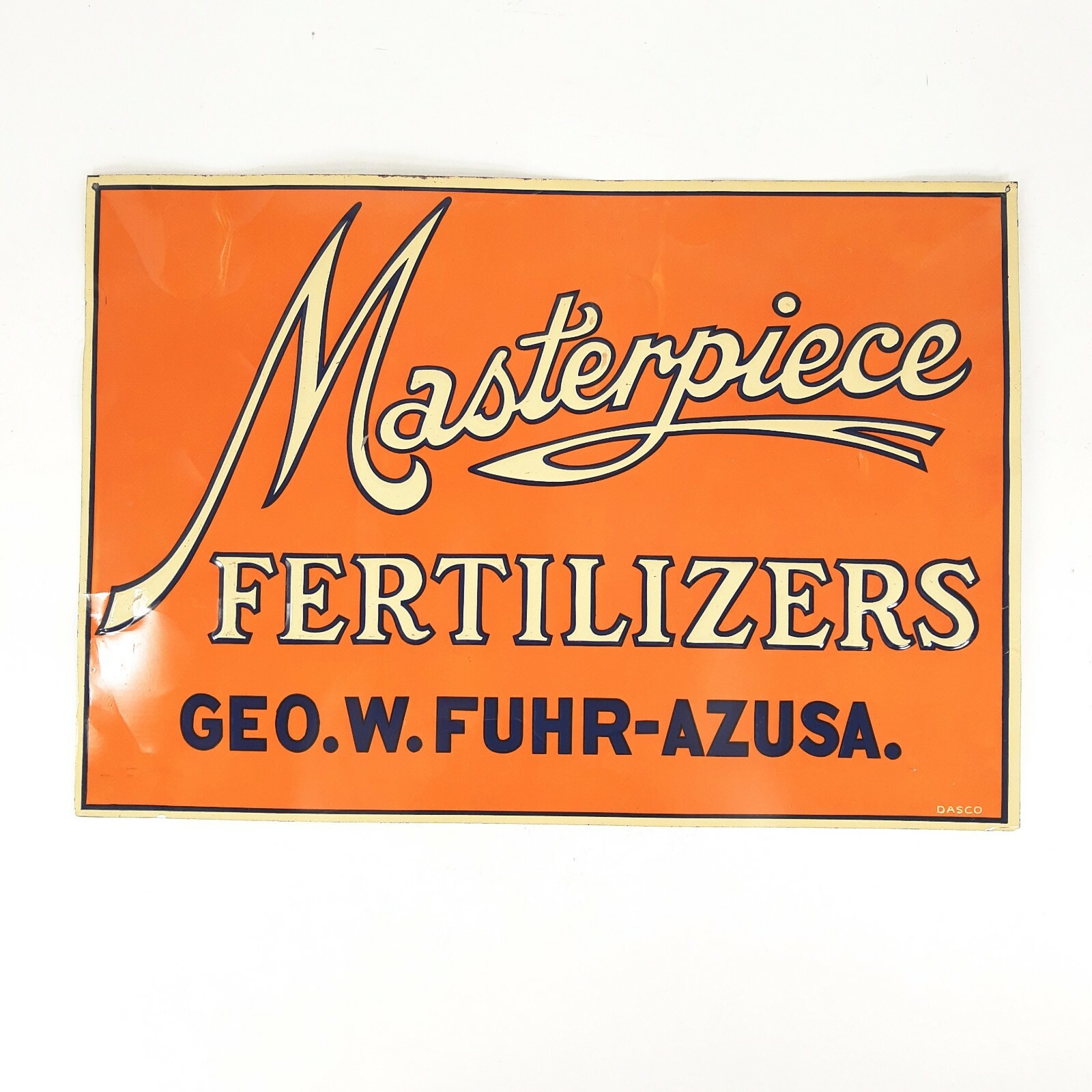 VINTAGE 1920s *MASTERPIECE FERTILIZER * CALIFORNIA AGRICULTURE EMBOSSED TIN SIGN
