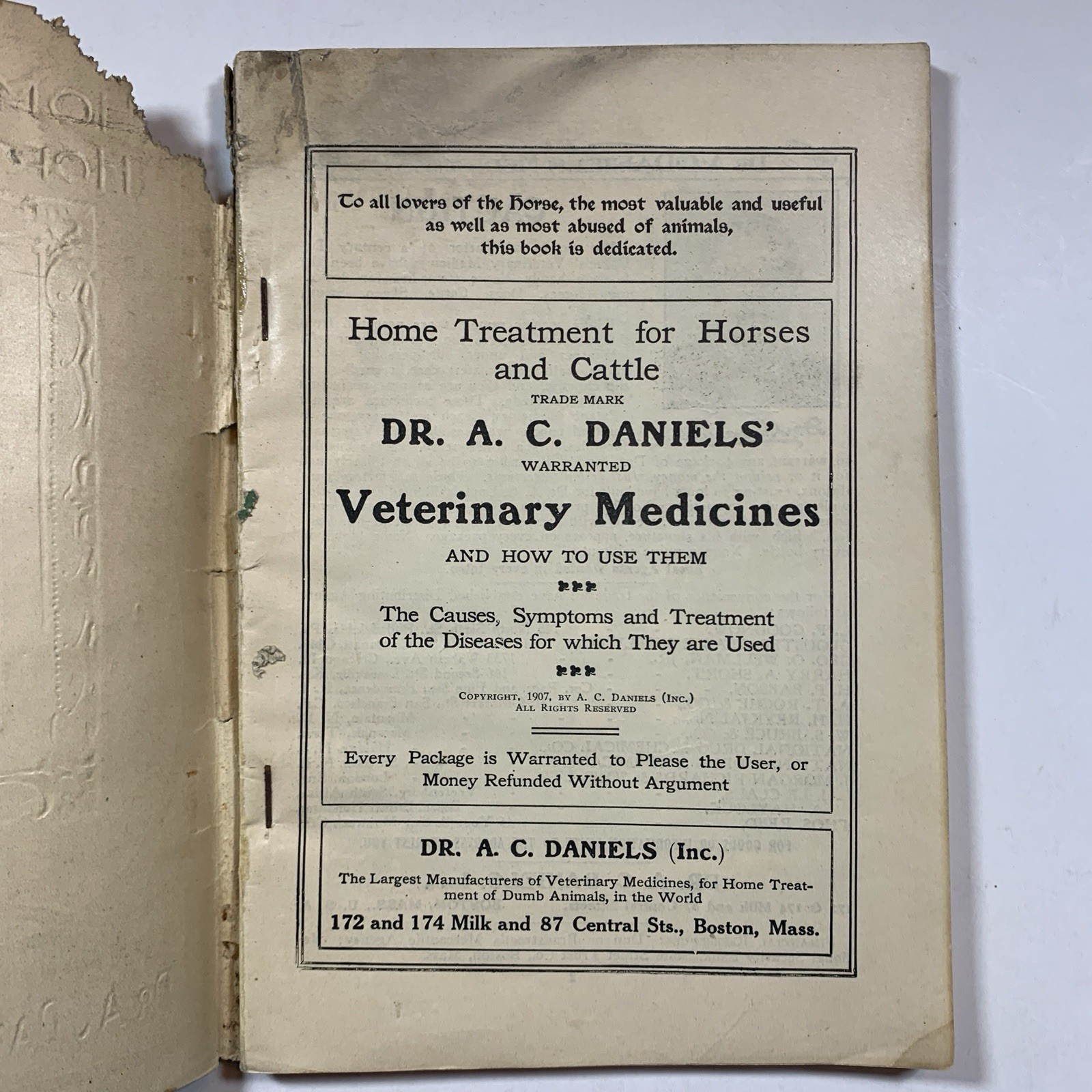 HOME TREATMENT FOR HORSES AND CATTLE by A.C. Daniels – Original 1907 Paperback