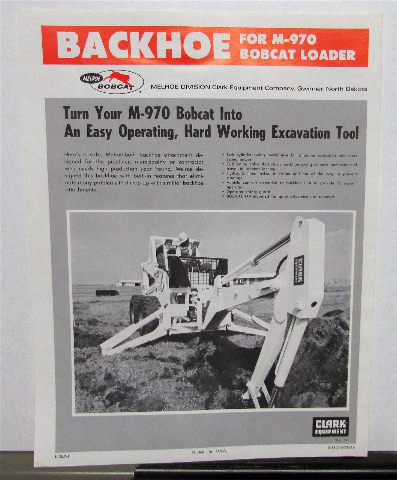 1973 Melroe M-970 Backhoe Specifications Construction Sales Data Sheet