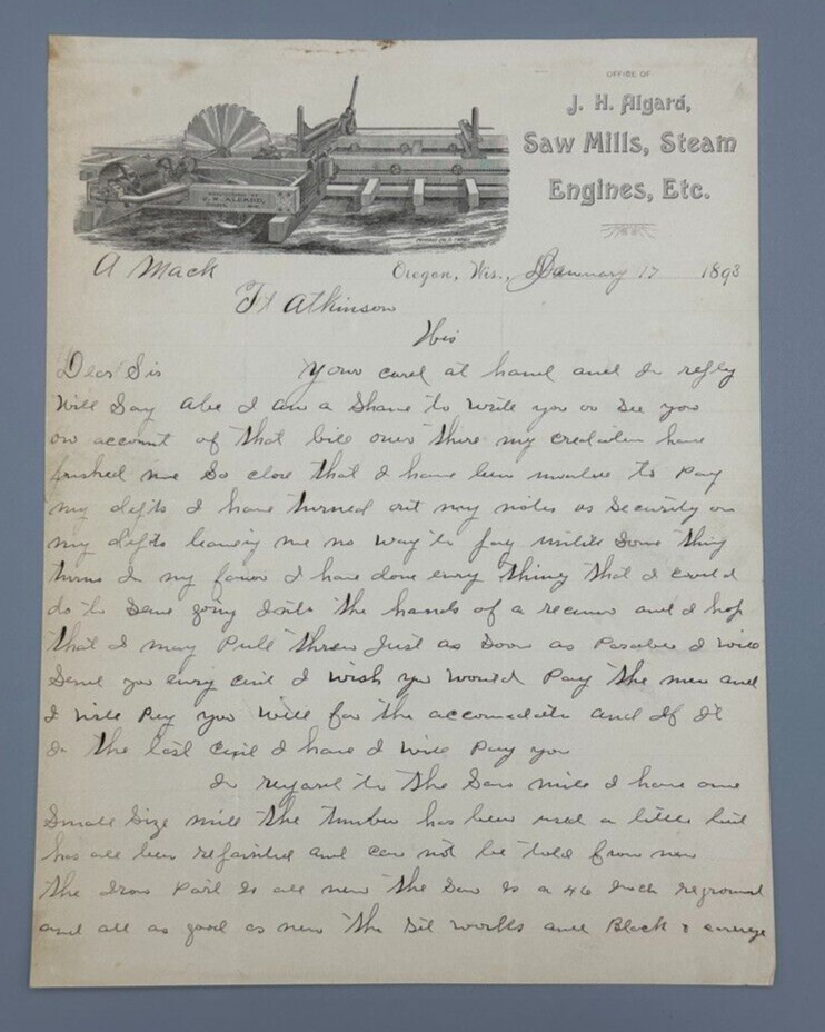 1893 JH Algard SAW MILL Engines Antique FARM Advertising Letter OREGON WISCONSIN