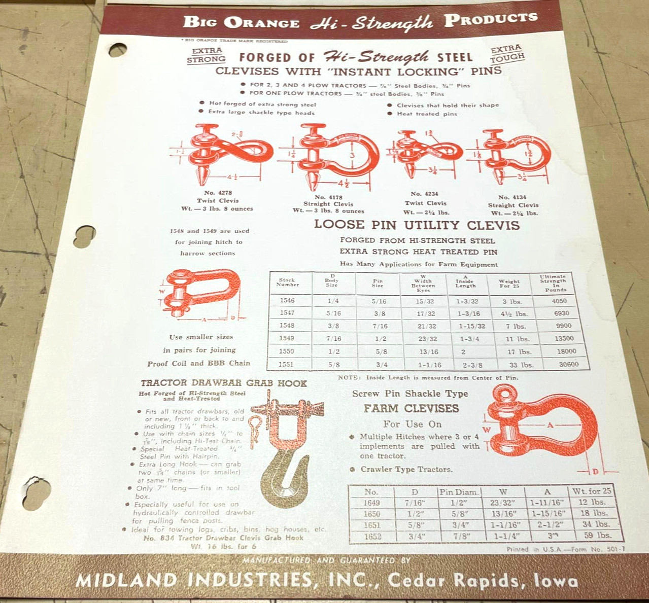 Vtg 1960s Lox All Sta-Pin Big Orange Tractor Clevises One-Page Ads & Price List