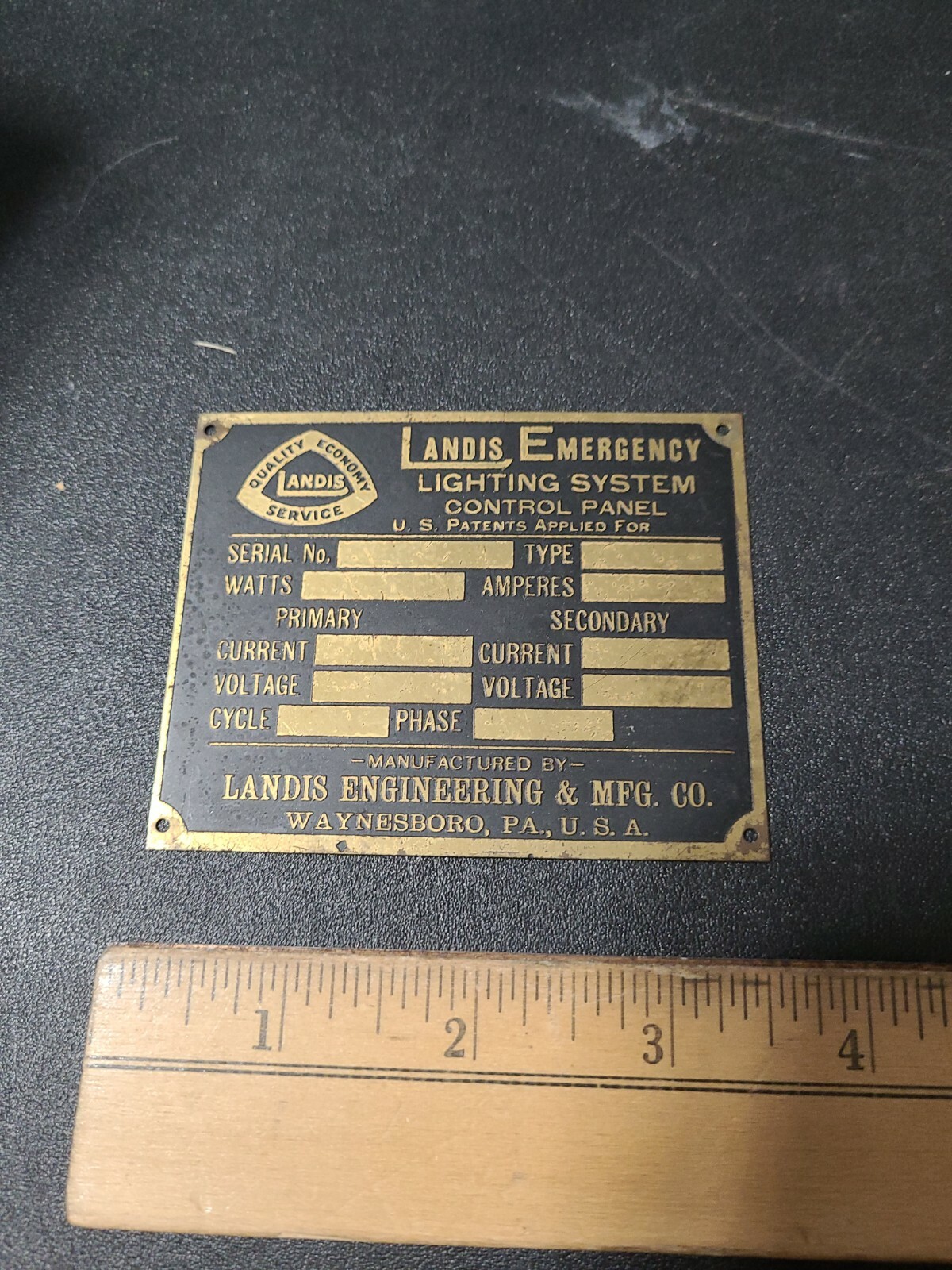Vintage Landis Emergency Lighting Control System Brass Plate Waynesboro Pa
