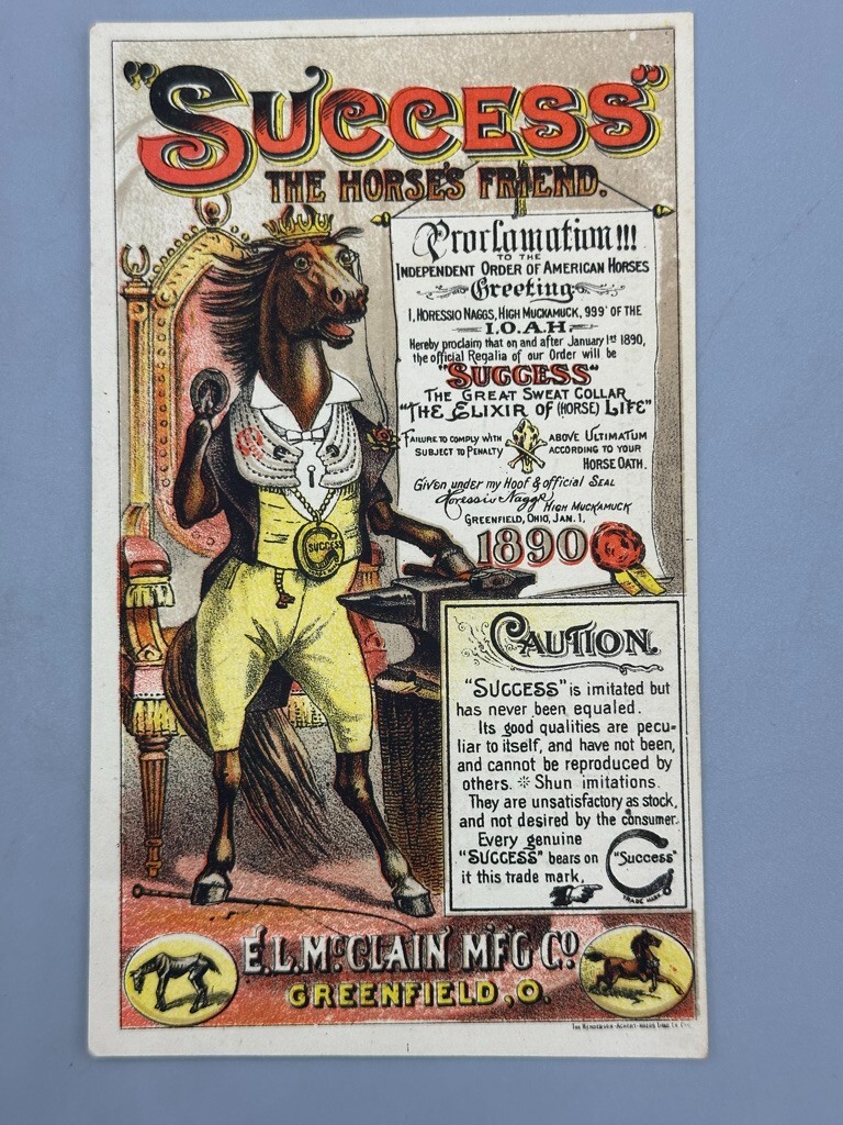 1890 Success HORSE COLLAR McClain Co FARM Advertising Trade Card GREENFIELD OH