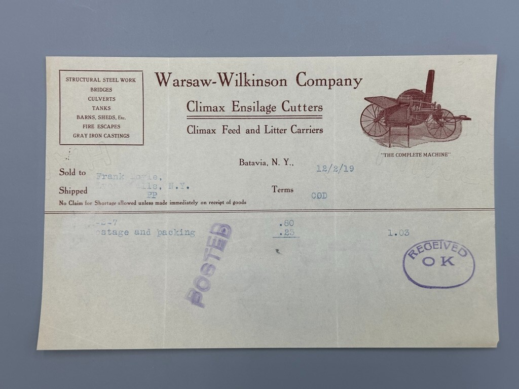 1919 WARSAW WILKINSON Climax Ensilage Cutters FARM Advertising Letter BATAVIA NY