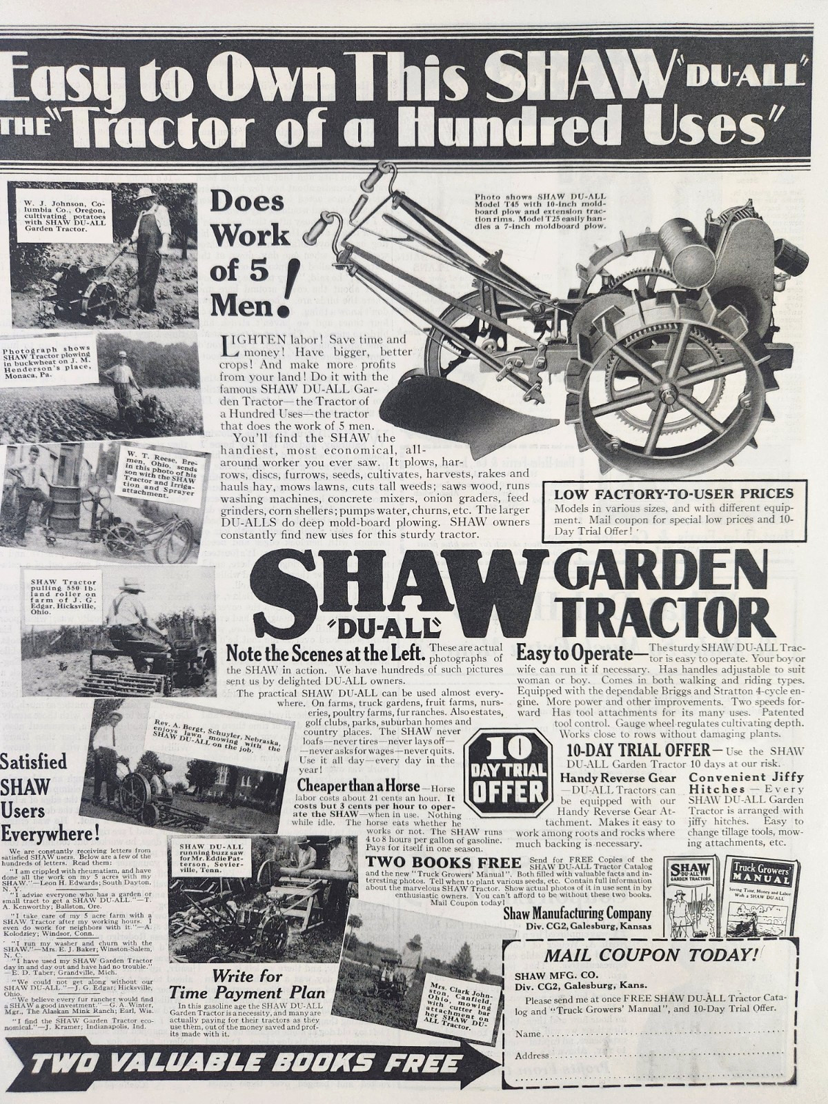 Shaw Du All T45 Garden Tractor Vintage 1930 Ad Magazine Print