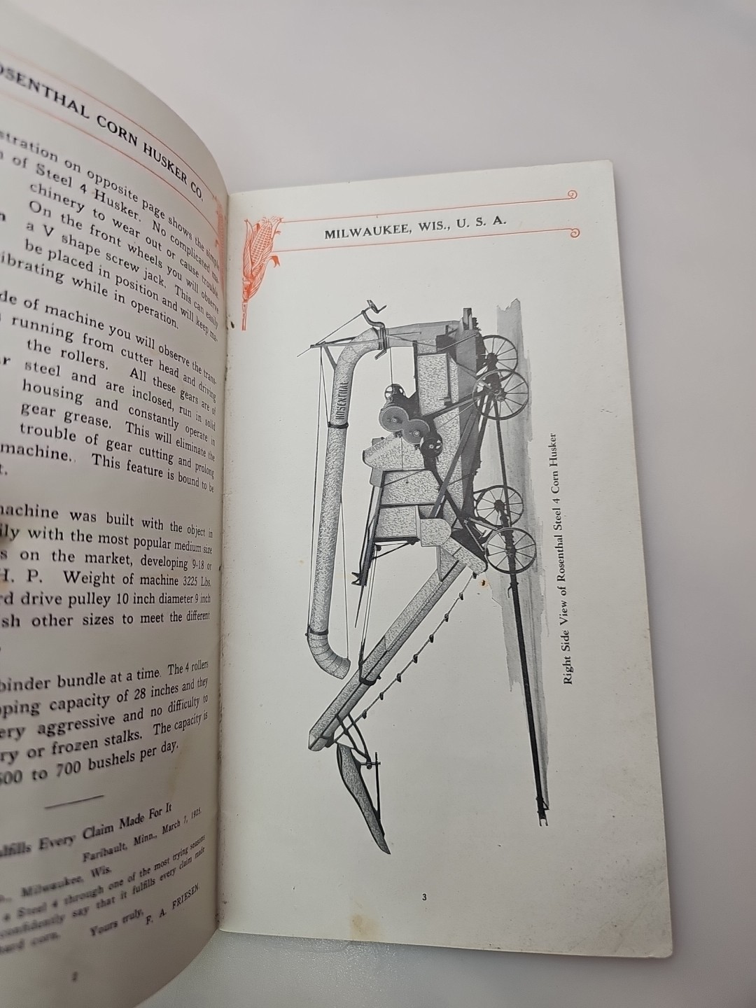 The Steel « 4 » Rosenthal Corn Huskers FARMING Antique Farm Sales Literature