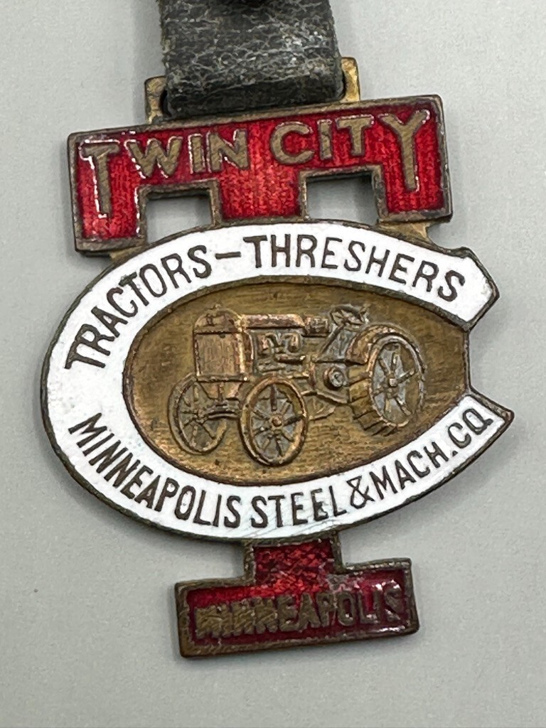 Antique TWIN CITY TRACTOR THRESHER Porcelain WATCH FOB Farm Advertising Enamel