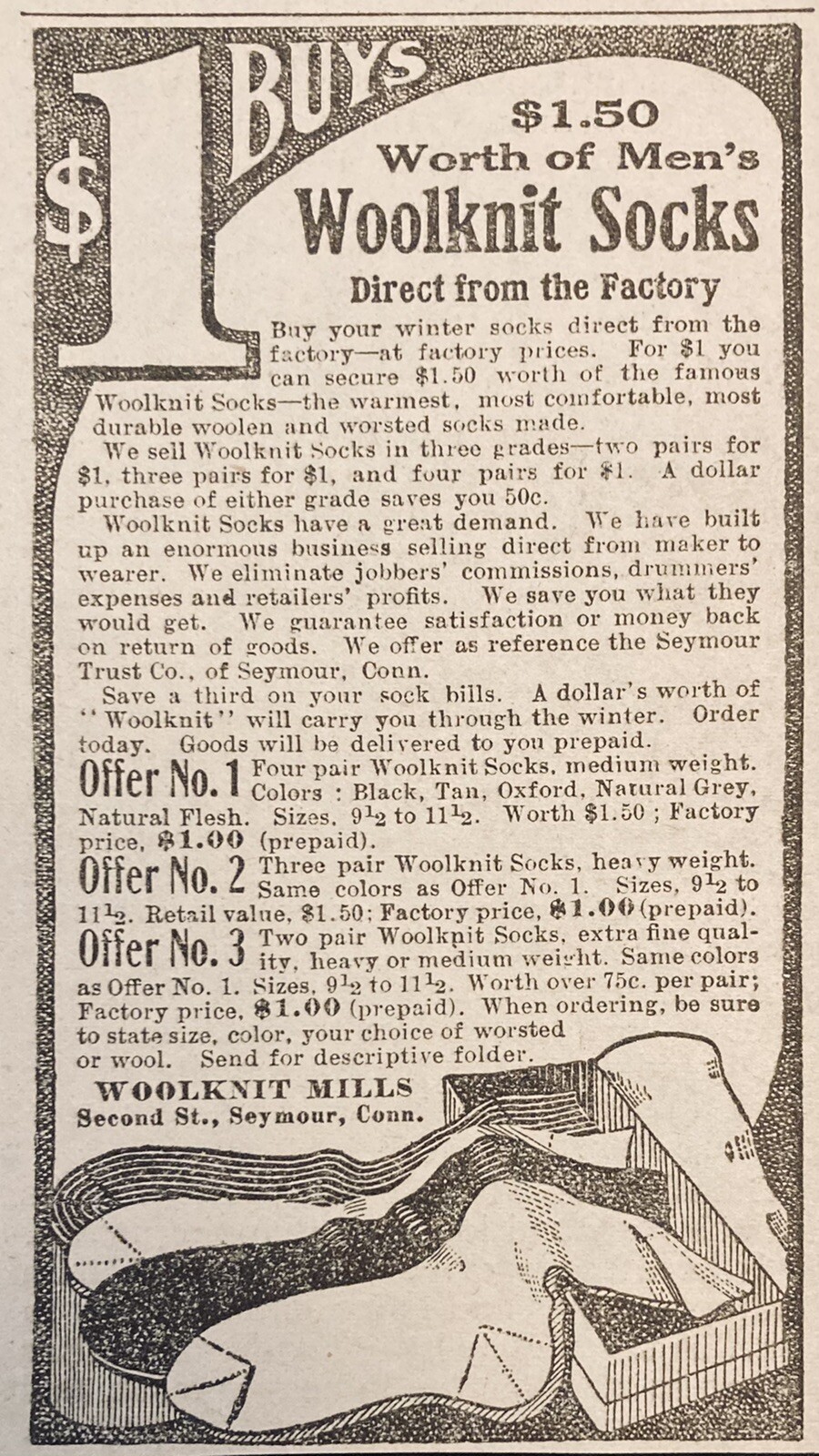 1909 AD.(XH13)~WOOLKNIT MILLS, SEYMOUR, CONN. WOOLKNIT SOCKS FOR MEN
