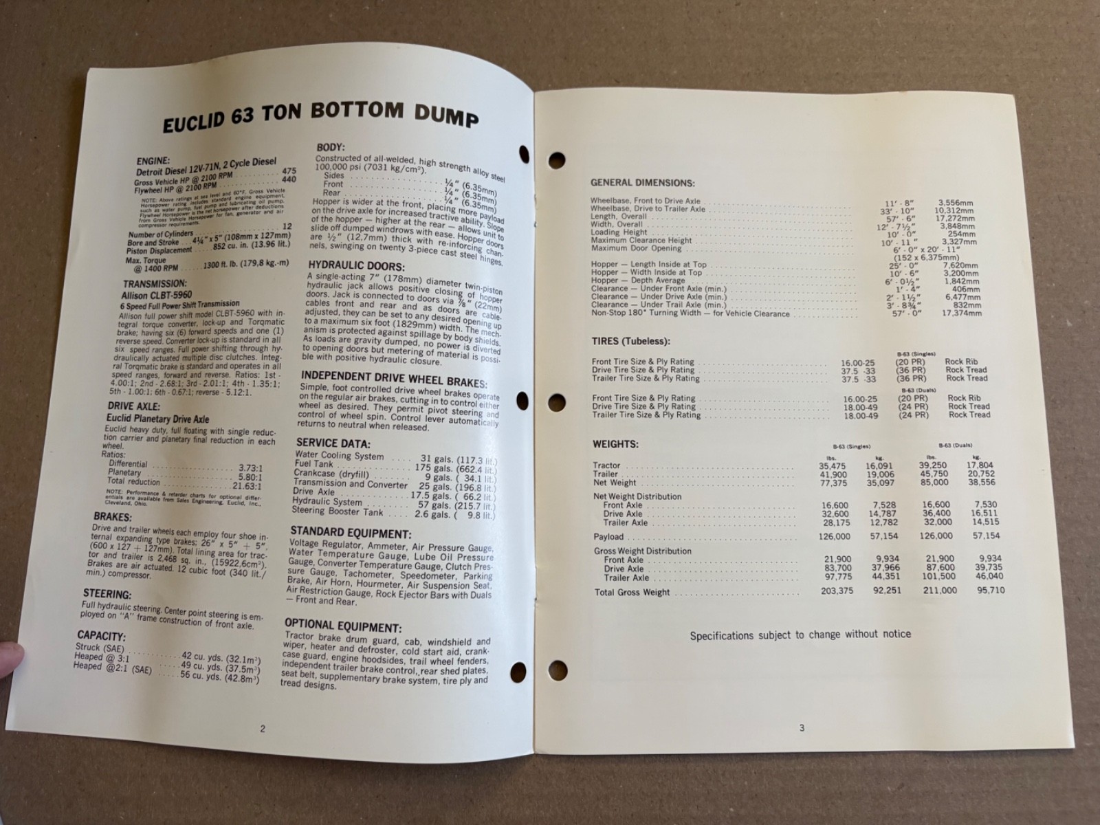 Vintage Euclid B-63 Bottom Dump Earth Mover Specifications Sales Brochure
