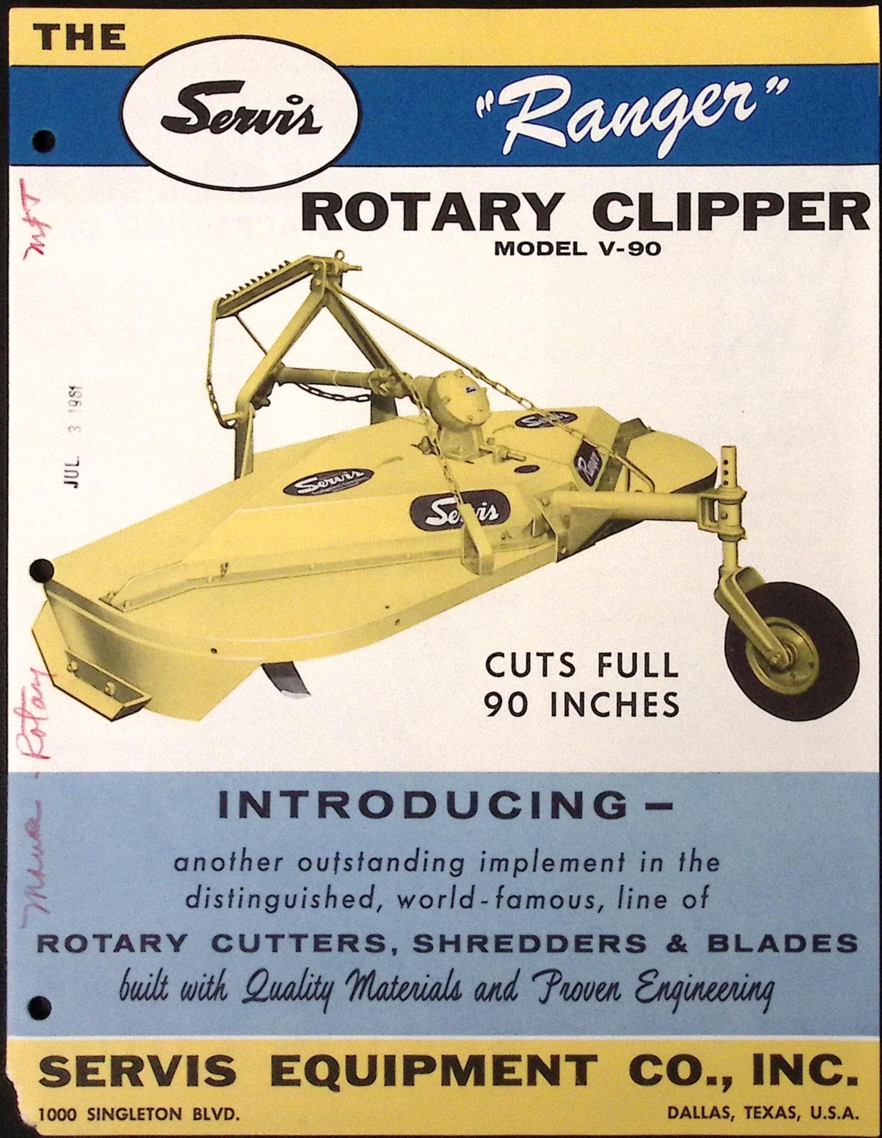 1961 The Servis Ranger Rotary Clipper Brochure Servis Equipment Co Dallas TX
