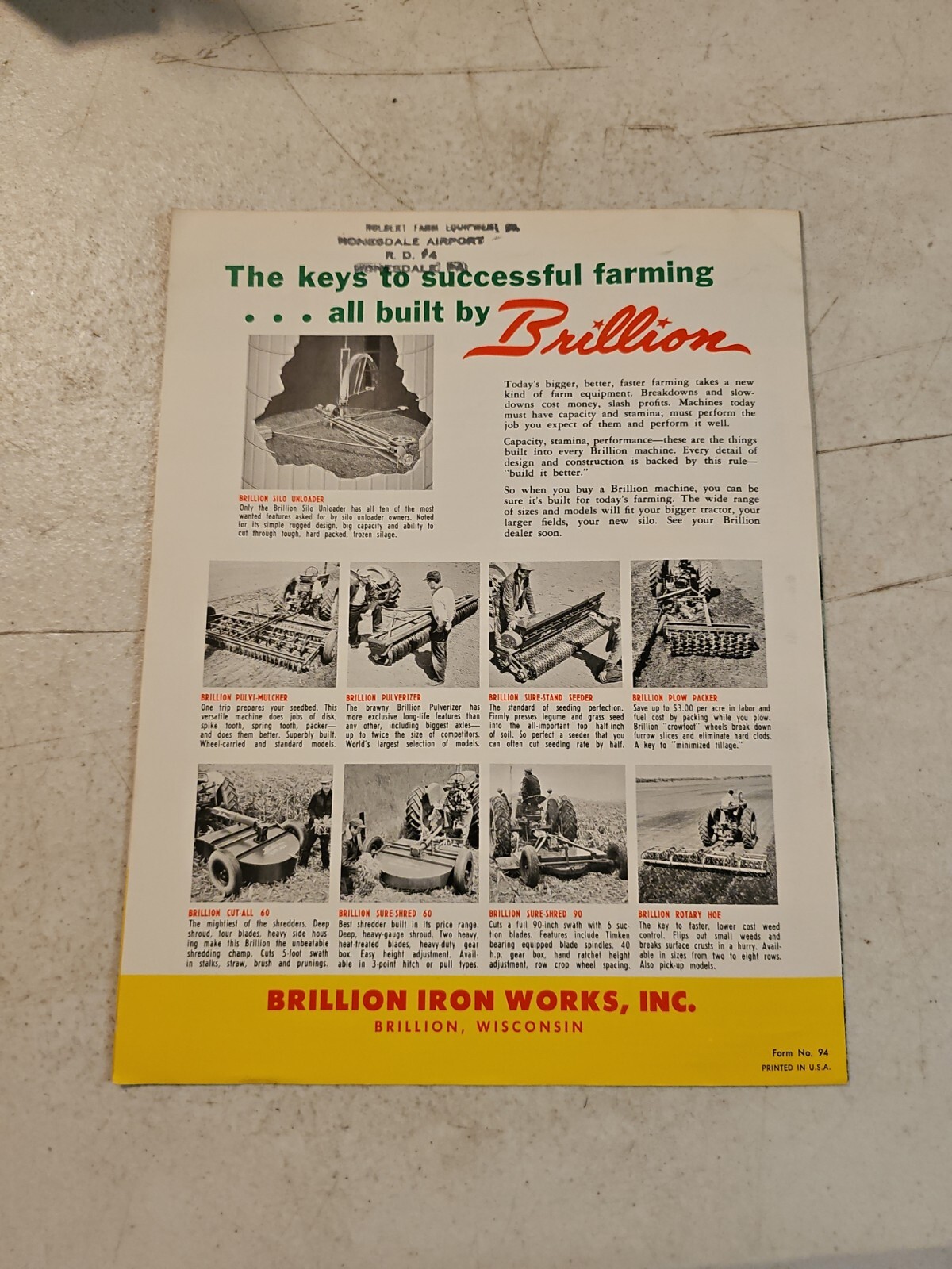 Vintage Brillion 2 Roll Hay Conditioner Advertising Folding Sales Brochure