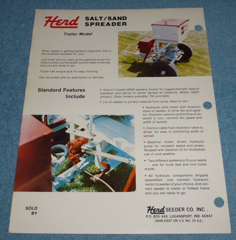Vtg 1979 Herd Seeder Co Salt Sand Spreader Truck & Trailer Models Brochure Sheet