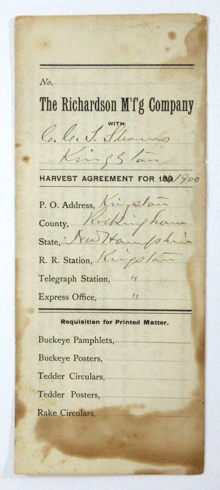 Buckeye Mower Richardson Farm Implements Salesman Agreement Territory Stock 1900