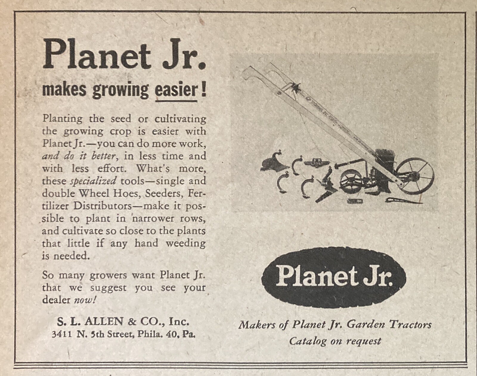 1946 AD.(XF17)~S.L. ALLEN & CO. PHIL., PA. PLANET JR. GARDEN TRACTORS