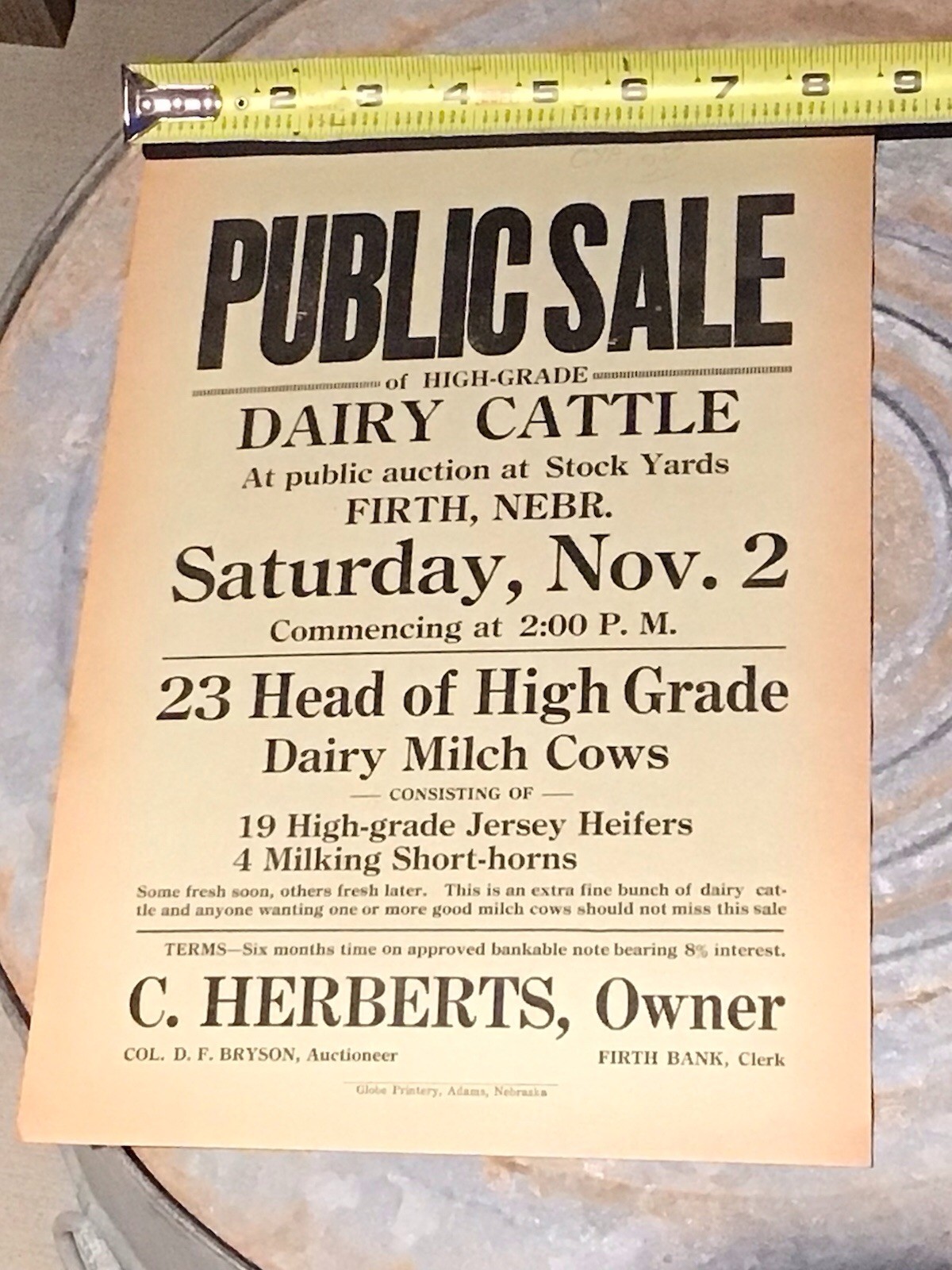 Public Sale Poster Sign – Dairy Cattle Firth Nebraska Advertising C Herberts