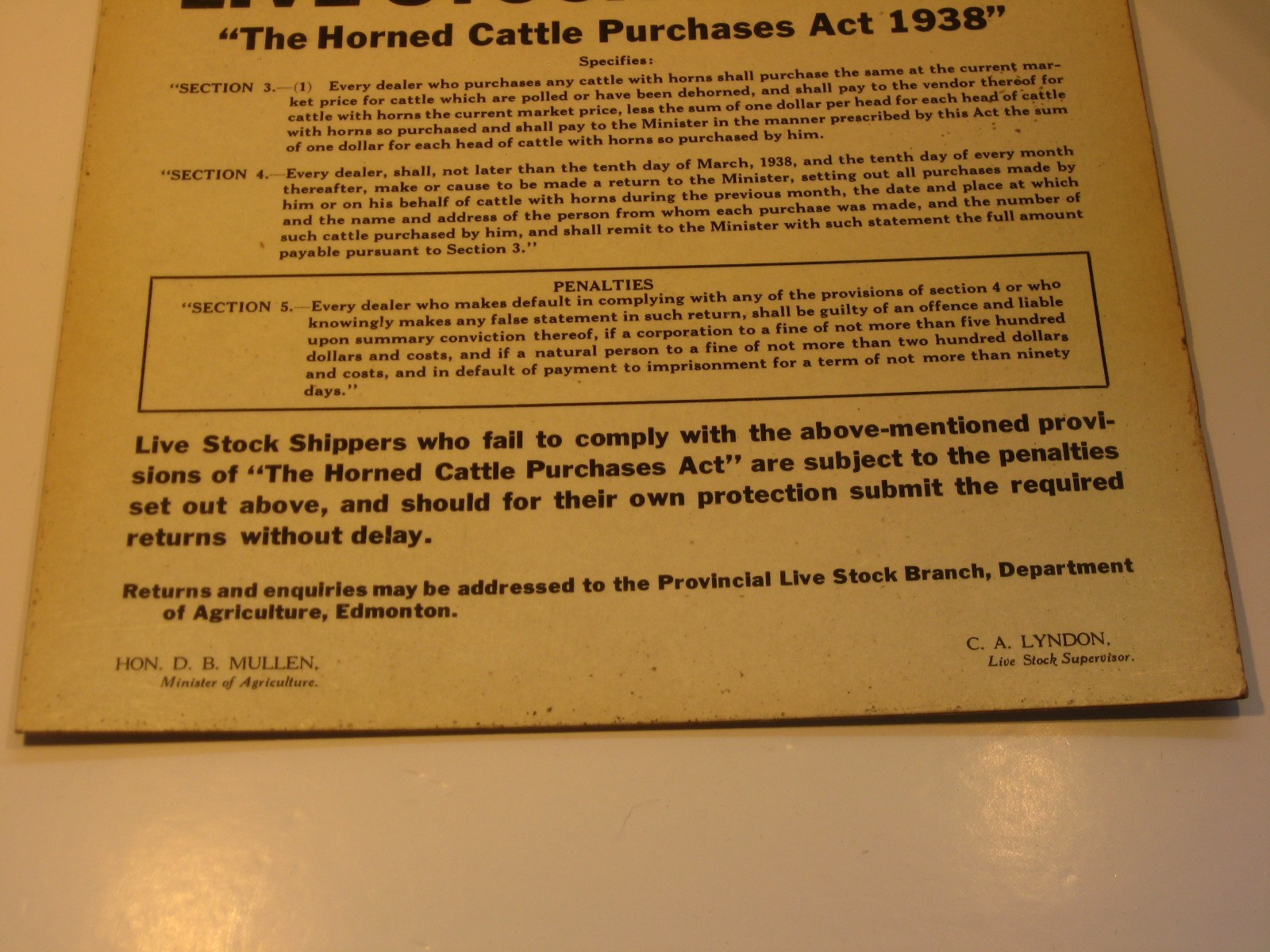 Horned Cattle Purchases Act 1938 Cardboard Sign Alberta Live Stock