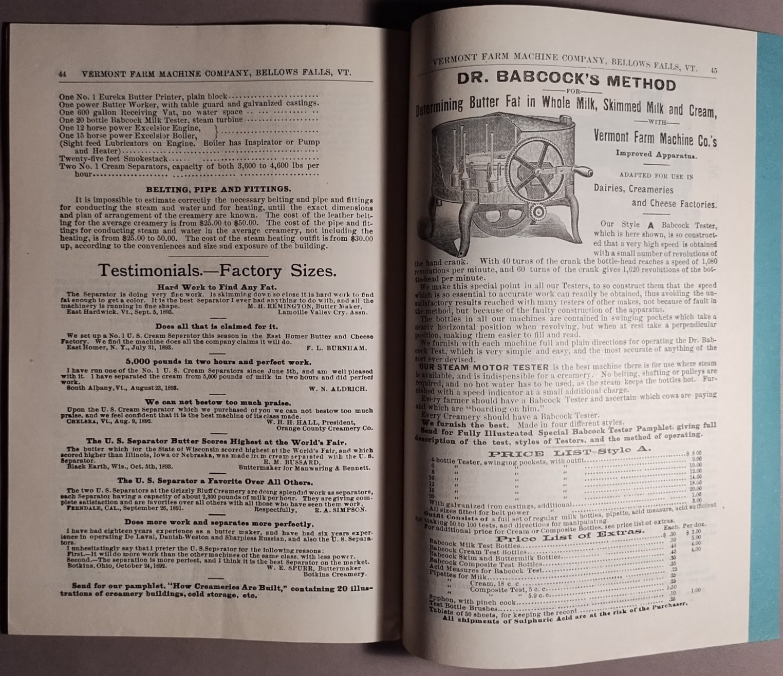 1895 US Cream Separator Vermont Farm Machine Co Catalog #96 Original ++ B6-30