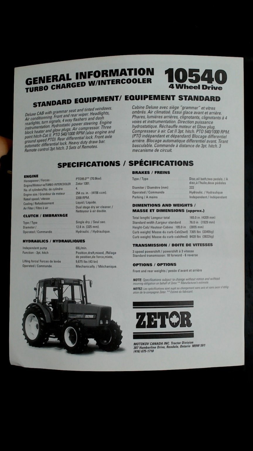 Zetor 10540 4 Wheel Drive Tractor Brochure Vintage Agriculture Flyer