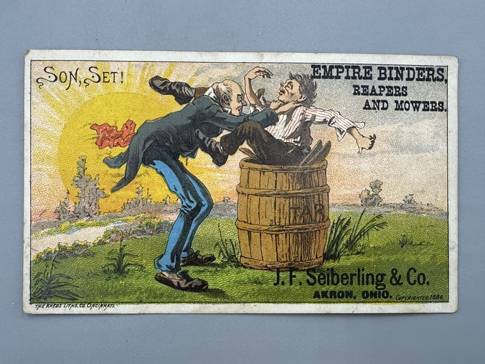 1880s EMPIRE MOWERS Victorian FARM Advertising Trade Card AKRON OHIO
