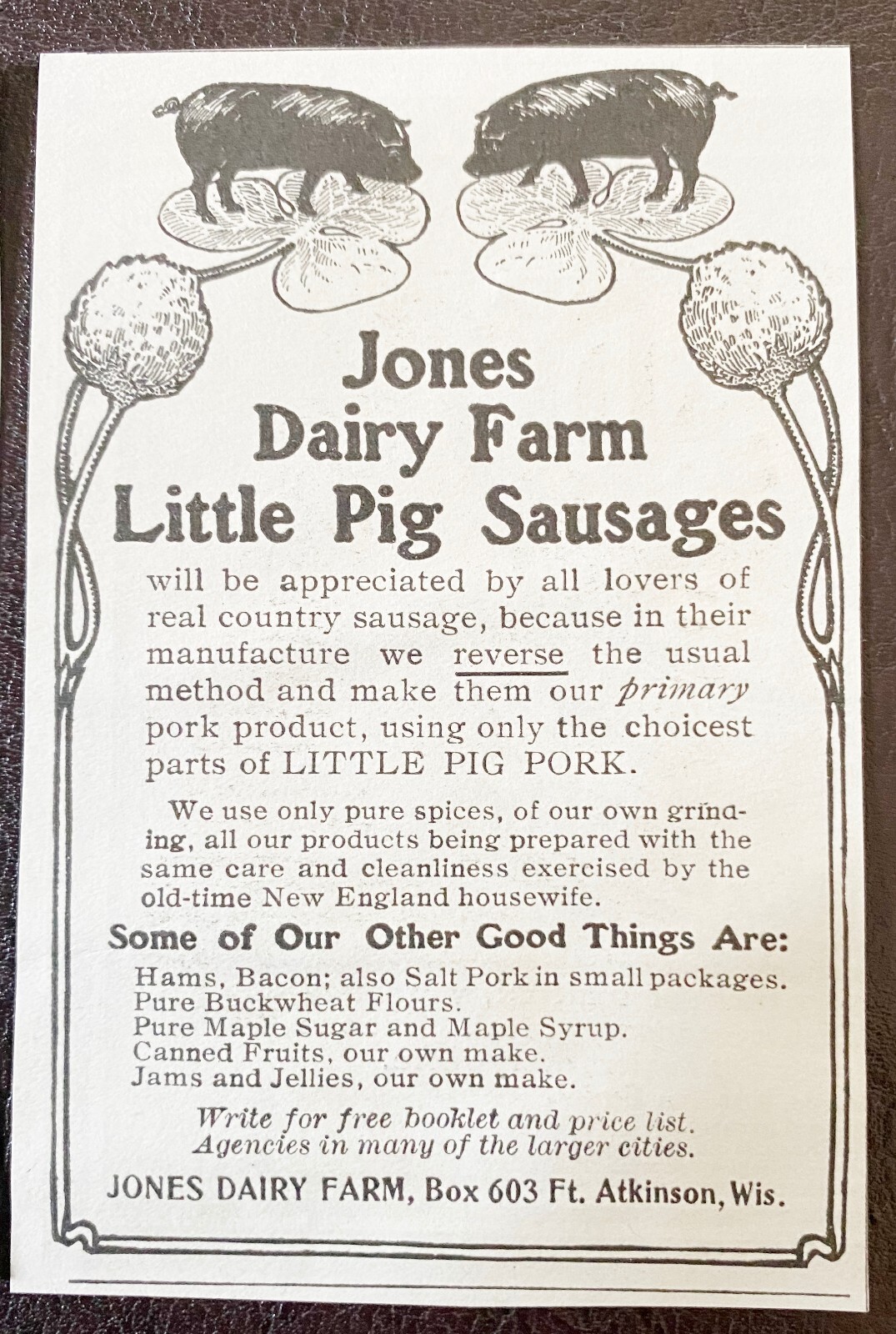 1900s JONES DAIRY FARM LITTLE PIG SAUSAGES Vtg Pork Print Ad Lot~Ft.Atkinson,Wis