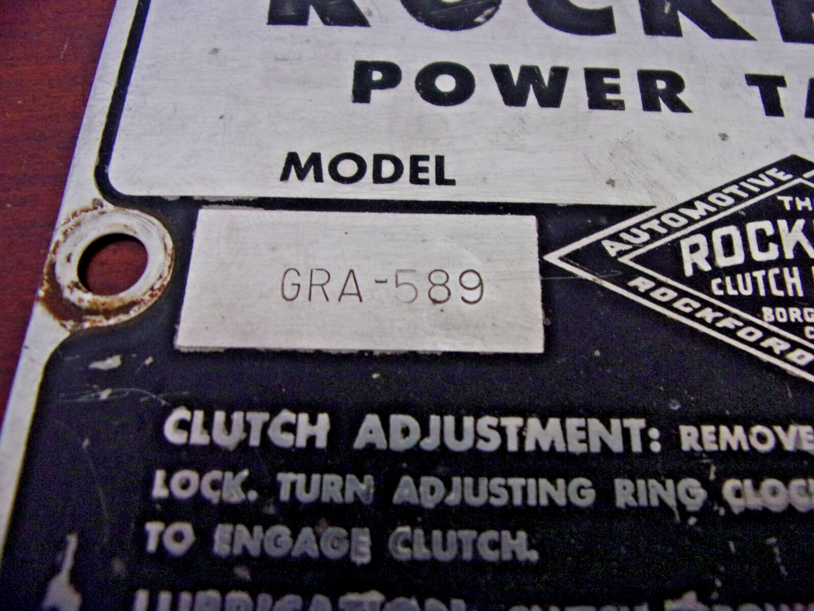 Vintage Rockford Power Take-Off Metal Tag/Plate Model GRA-589