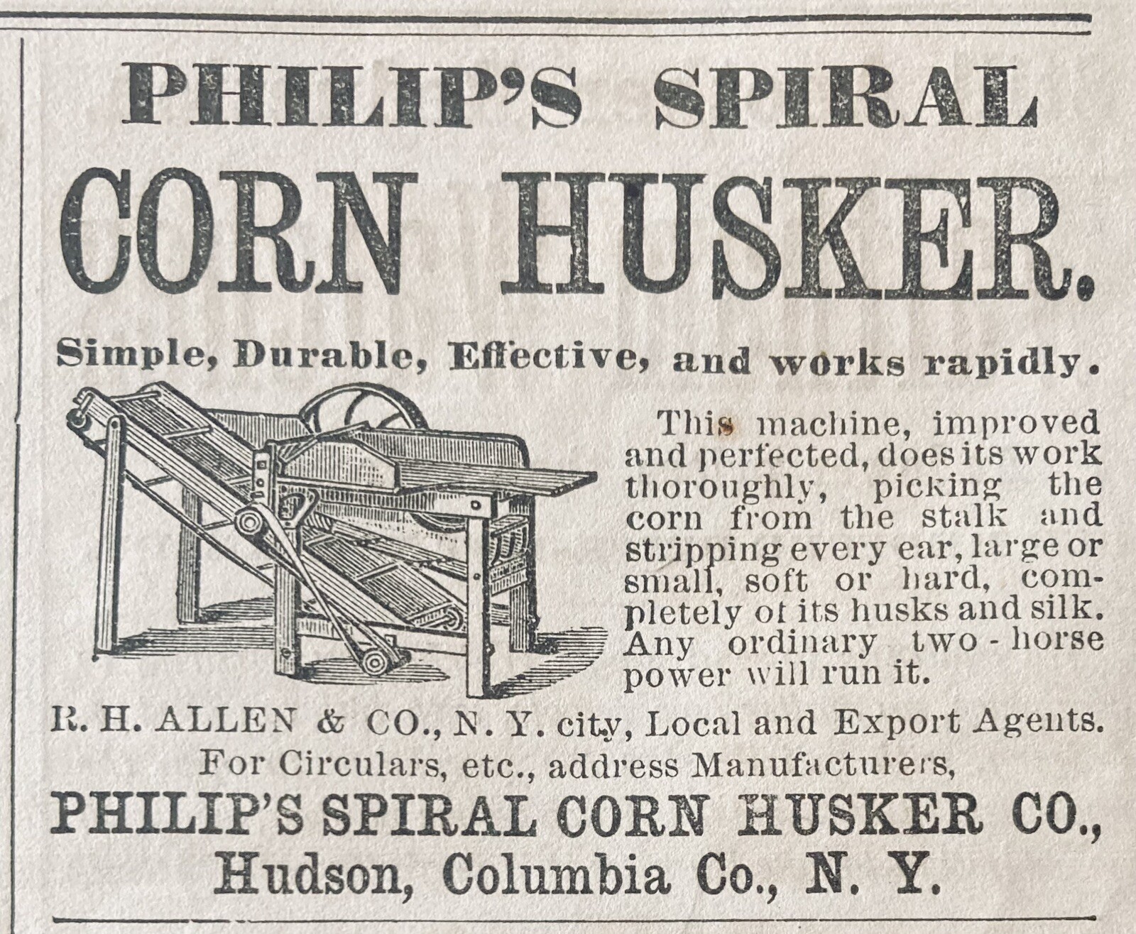 1876 AD.(XH65)~PHILIP’S SPIRAL CORN HUSKER CO. HUDSON, COLUMBIA CO., NY. HUSKER