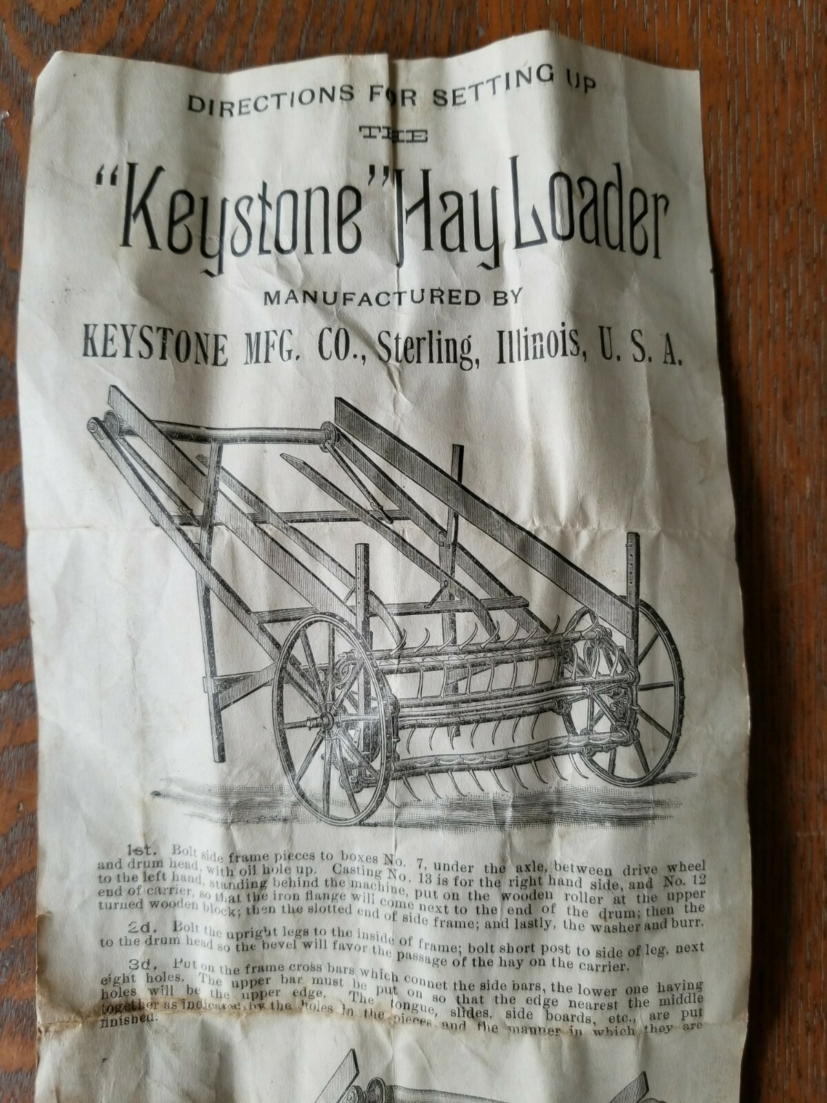 Very Early KEYSTONE Mfg. Co., Directions for Setting up the Keystone Hay Loader