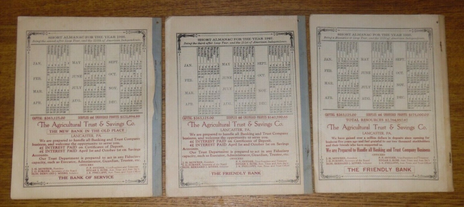3 Old Agricultural Almanacs – John Baer&rsquo;s Sons Lancaster PA – Vol. 101 102 103