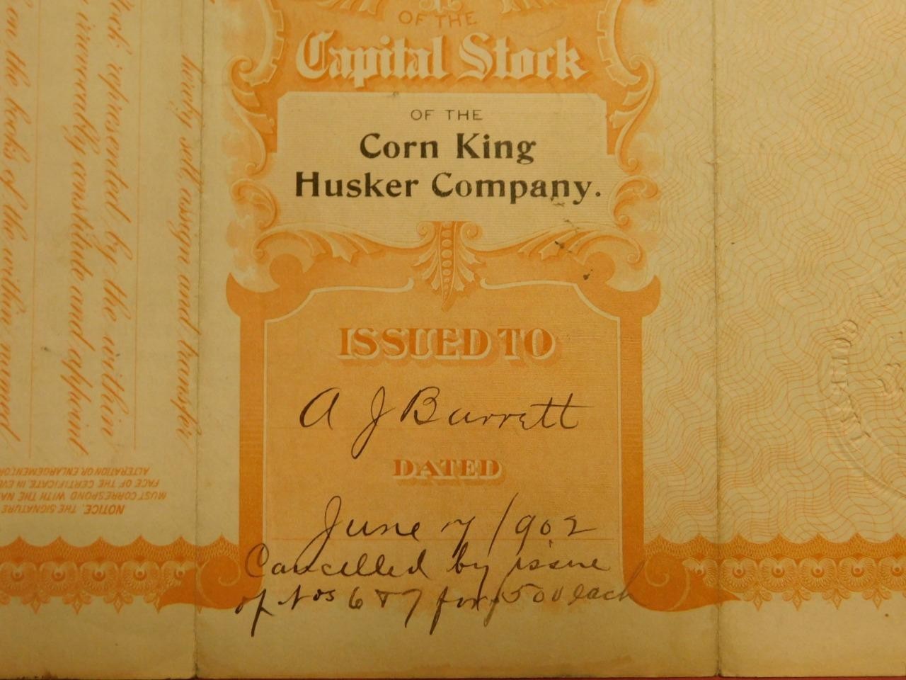 Corn King Husker Co. Rochester Indiana Stock Certificate No. 4 1902 (Shelf-4