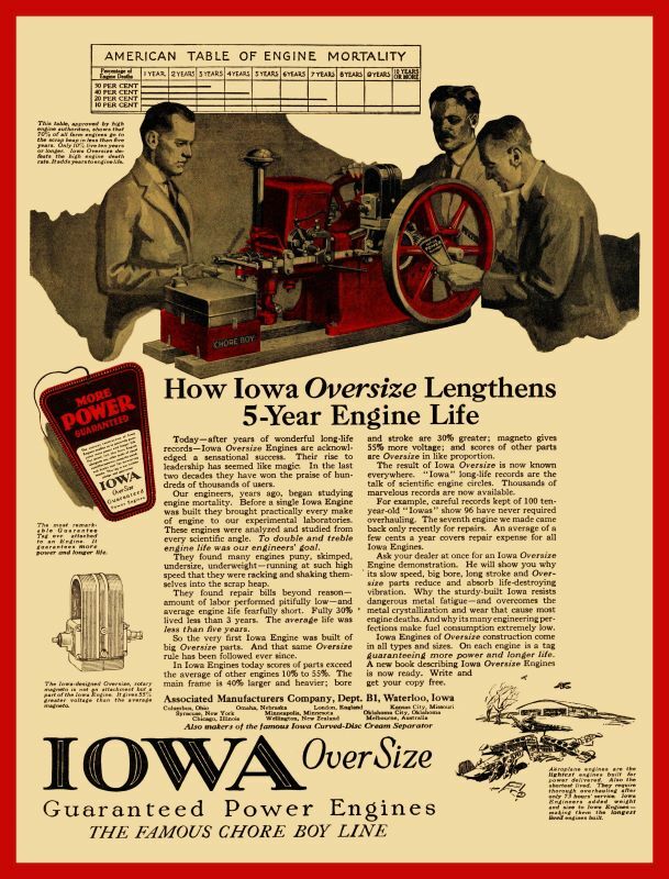 1920 Associated Mfg. New Metal Sign: Iowa Oversized Gas Engines – Chore Boy
