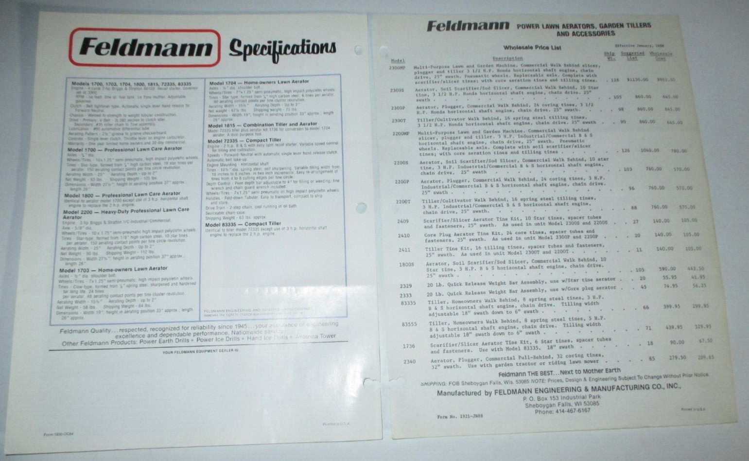 Feldmann Aerators & Tillers Sales Brochure & 1988 Price List ORIGINAL!