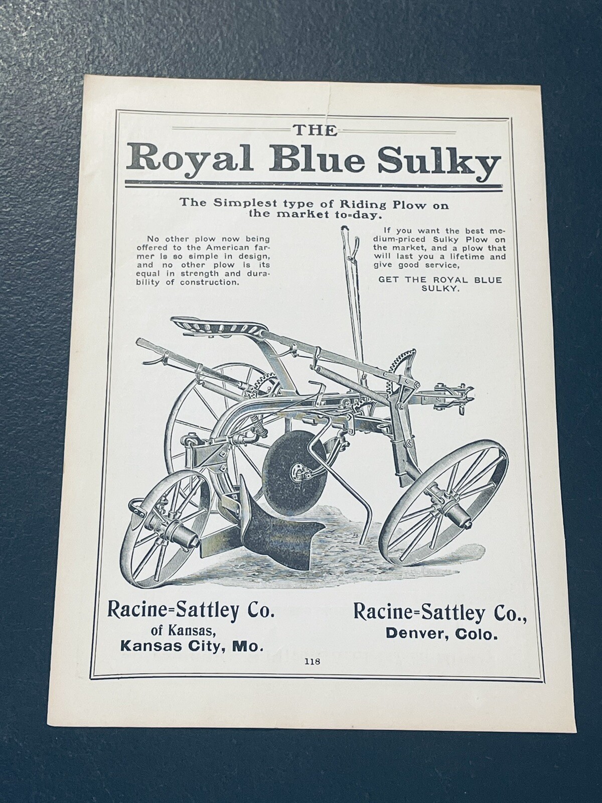 ORIGINAL 1907 Royal Blue Sulky Farm Implement Advertising – Racine-Sattley