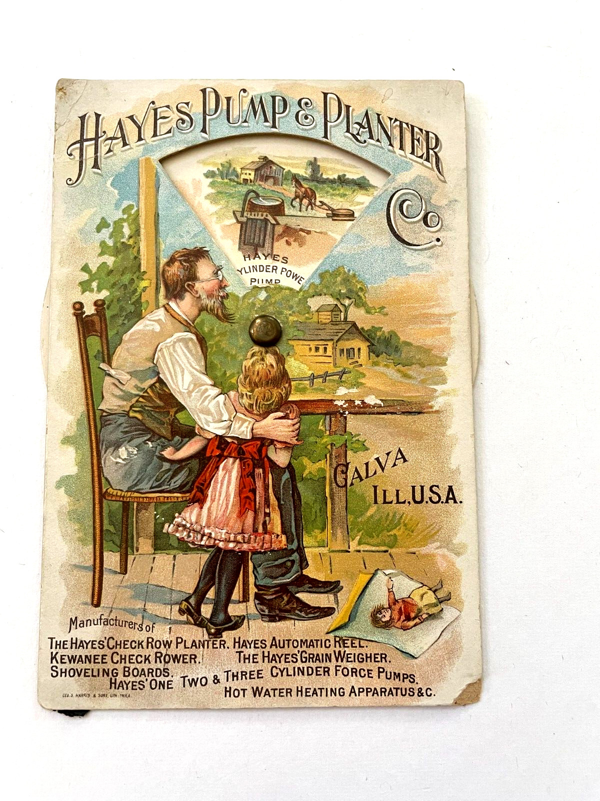 Clever Victorian Trade Card « Hayes Pump & Planter Co. » Wheel Showing Products *
