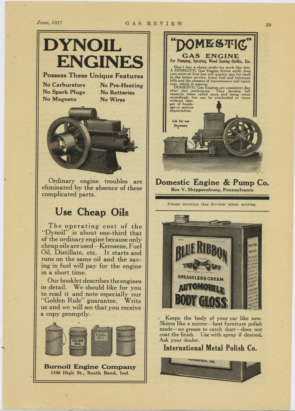 1917 Dynoil Engines Ad: Burnoil Engine Co. South Bend, Indiana