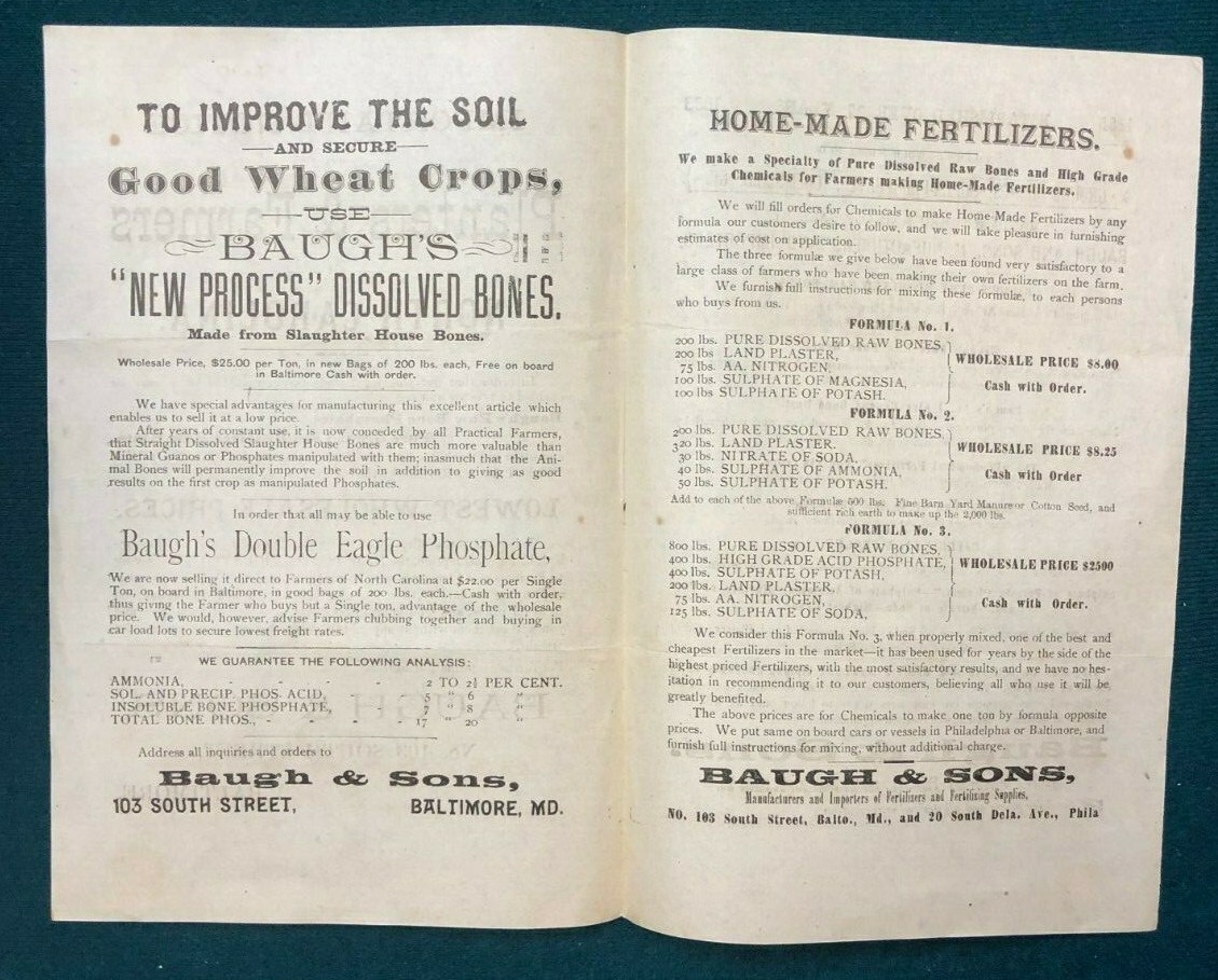 BAUGH & SONS (1883) vintage 4-page agricultural fertilizer flyer from Baltimore
