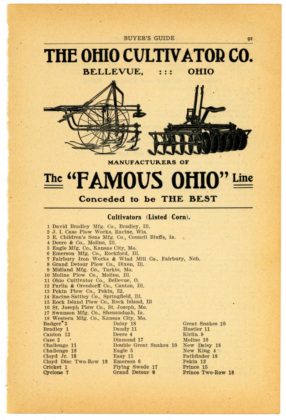 1905 Ohio Cultivator Co. Ad: Ohio Line the Best – Bellevue, OhiO